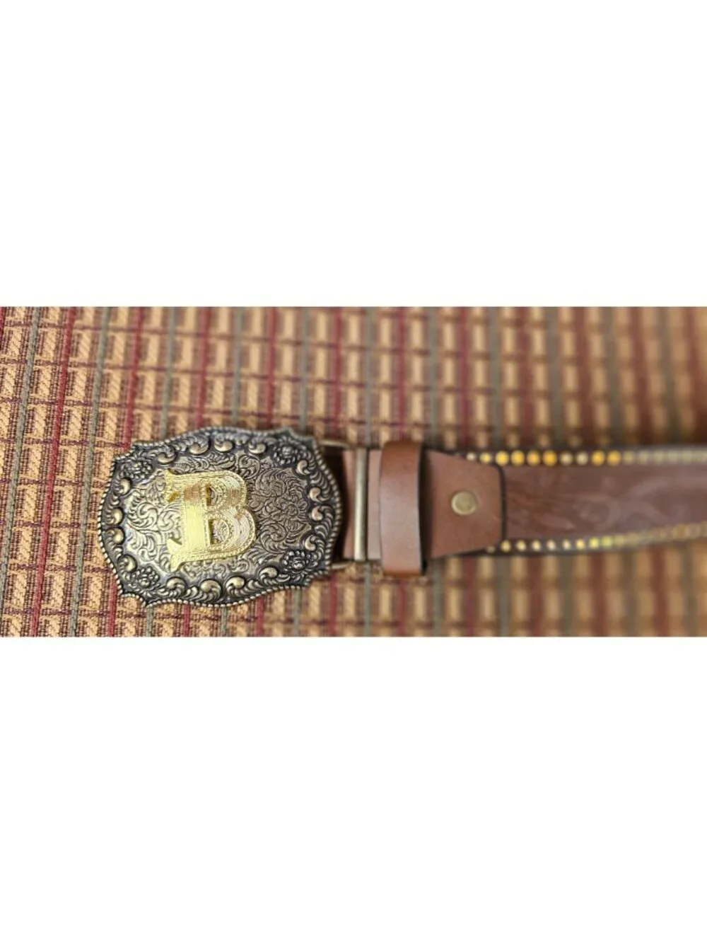 Vintage Western Leather Belt With Ornate Brass Buckle And Tooled Floral Design -